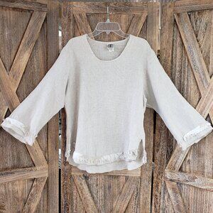 CTC Linens Woven Top Women's S Tan Cream Lagenlook Popover Frayed Gauzy Trim